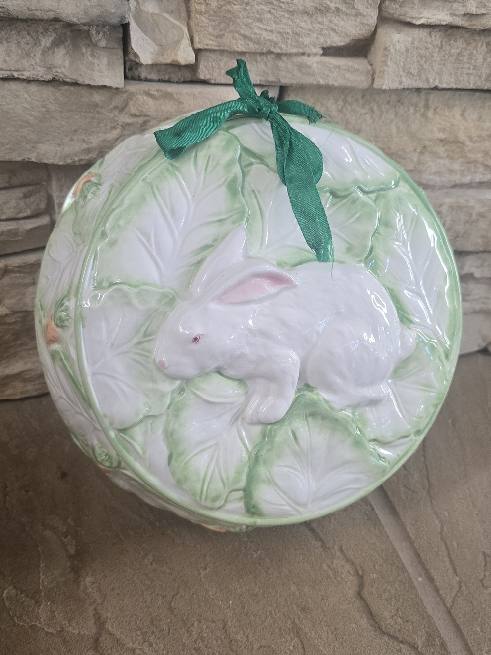 Decorative White Rabbit Ceramic Wall Plaque Or MOLD with Green Accents